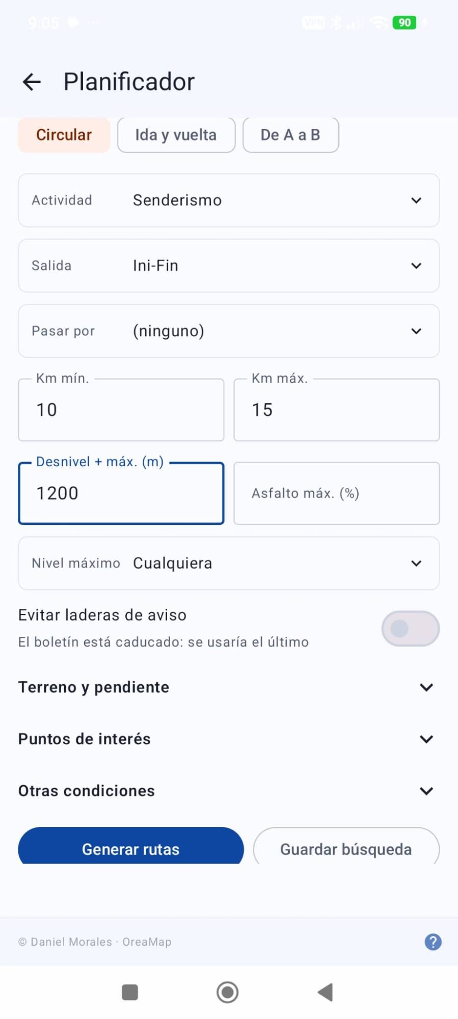 Condiciones del planificador: tipo de ruta, distancia, desnivel y nivel