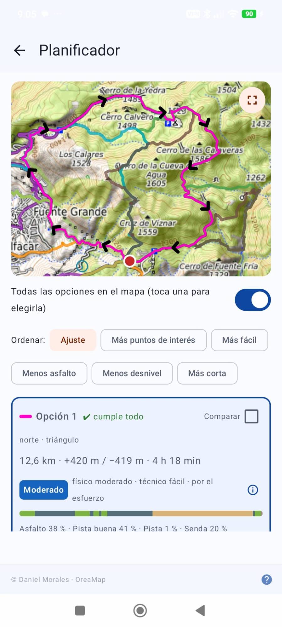 Planificador con varias rutas circulares propuestas sobre el mapa