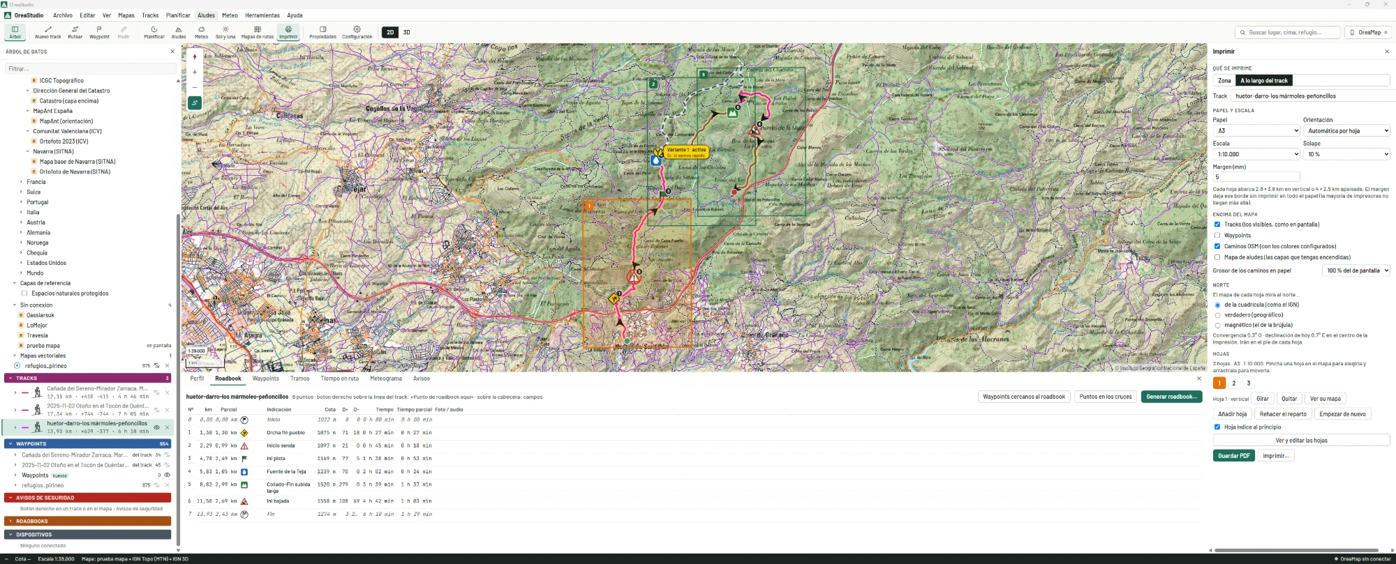 OreaStudio: hojas de impresión a lo largo del track y roadbook
