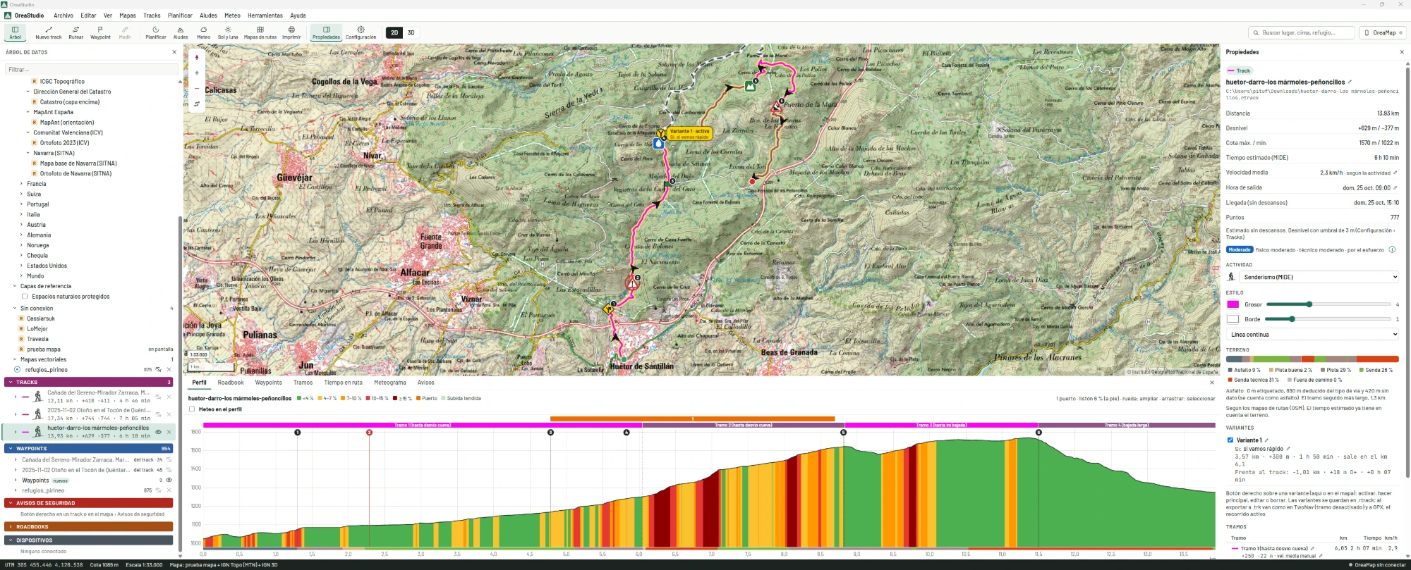 OreaStudio: ruta con variante, perfil coloreado por pendiente y propiedades del track